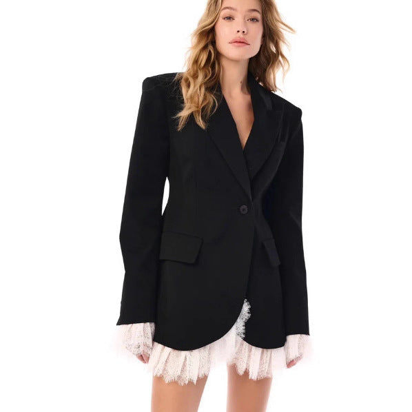 Women's longer tailored blazer coat with lapel collar and patch pockets StylebySassy