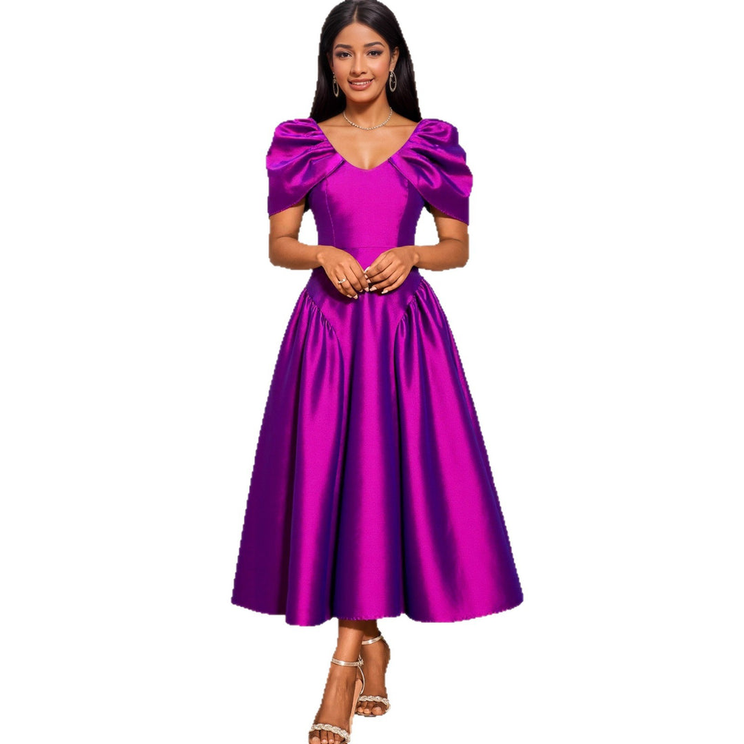 Ladies Elegant Satin Evening Dress with Voluminous Puff Sleeves StylebySassy