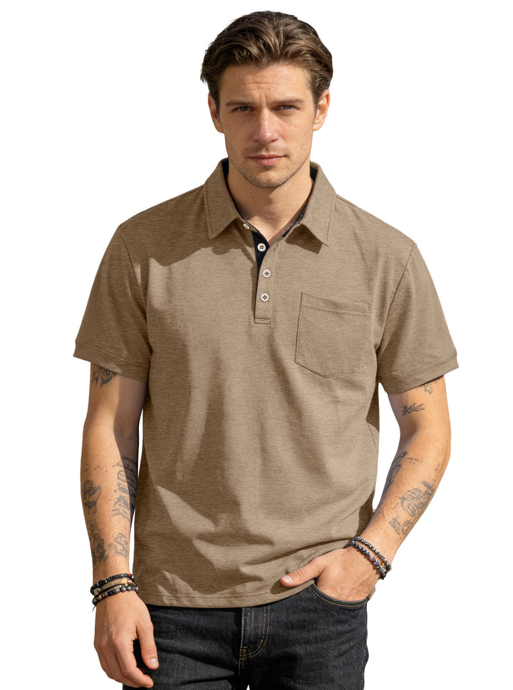 Men's short sleeve polo collar shirt made of textured jersey with chest pocket and contrasting button placket StylebySassy