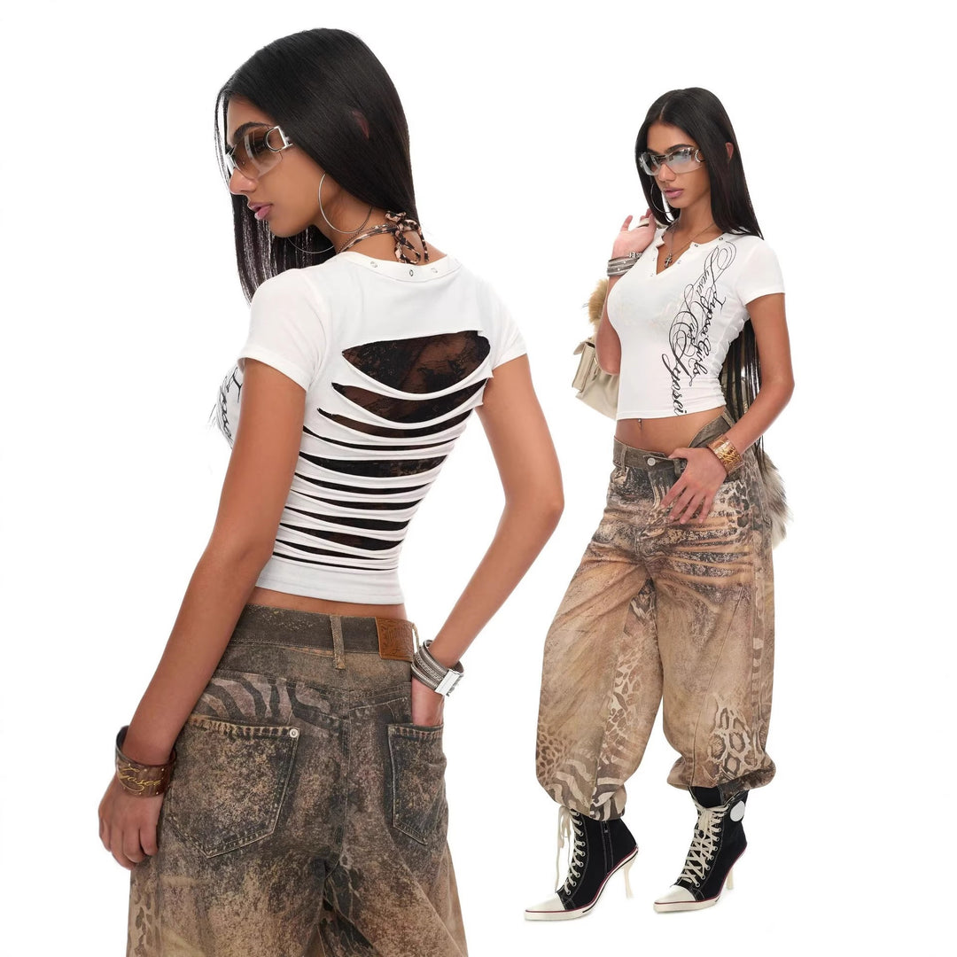 Women's short-sleeve top with sophisticated lace and print details StylebySassy