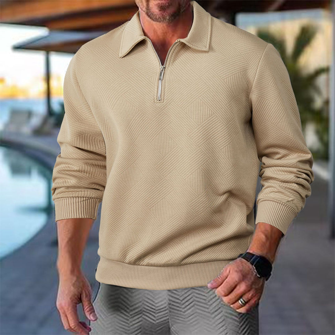 Men's nan Troyer in geometric structured knit with half-zip and polo collar StylebySassy