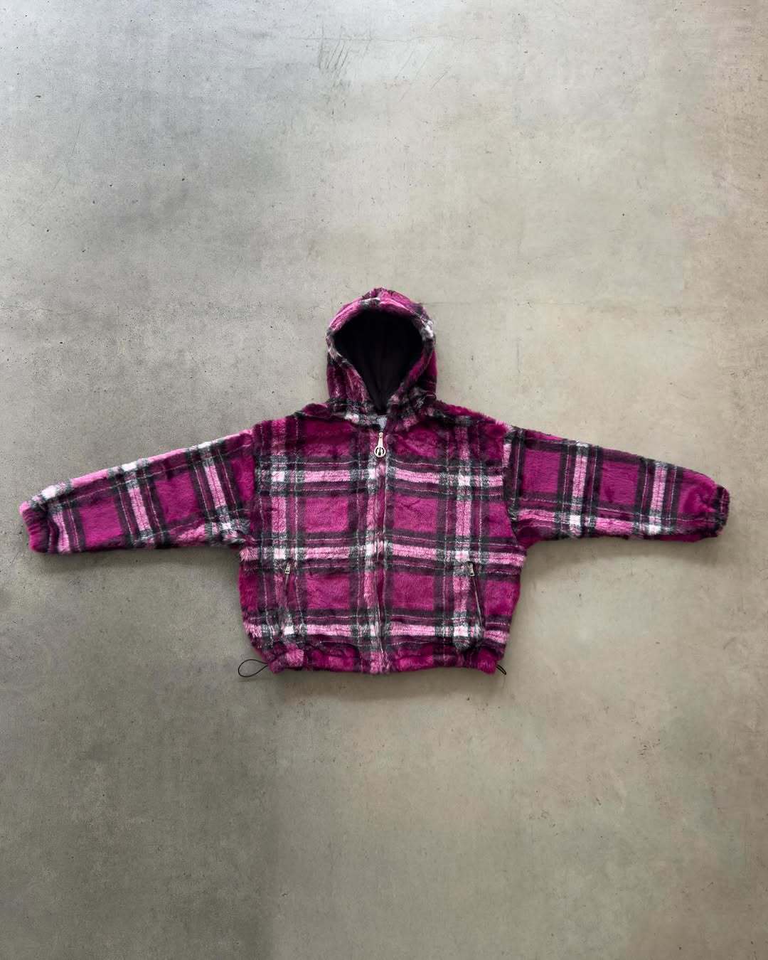 Unisex non-padded plaid fleece bomber jacket with hood drawstring and zippered pockets StylebySassy