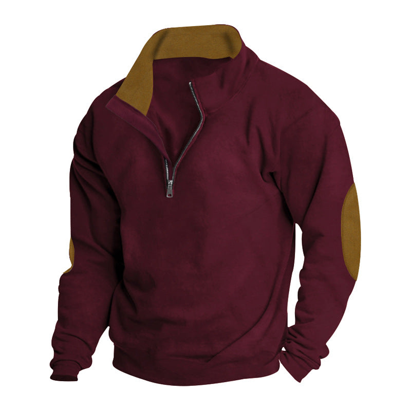 Men's casual cardigan with short front zipper, soft inner lining, and suede sleeve trim StylebySassy