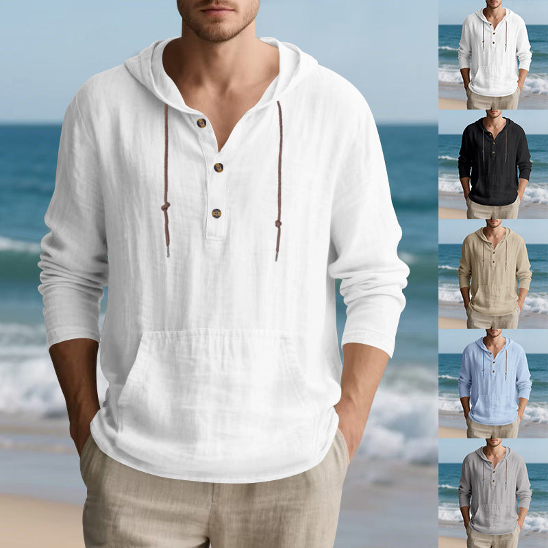 Men's lightweight hooded henley made of linen-cotton blend with kangaroo pocket and button placket StylebySassy