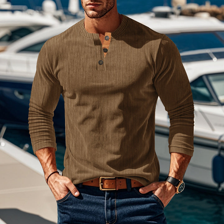 Men's knitted long sleeve henley pullover with short stand-up collar and decorative button placket StylebySassy