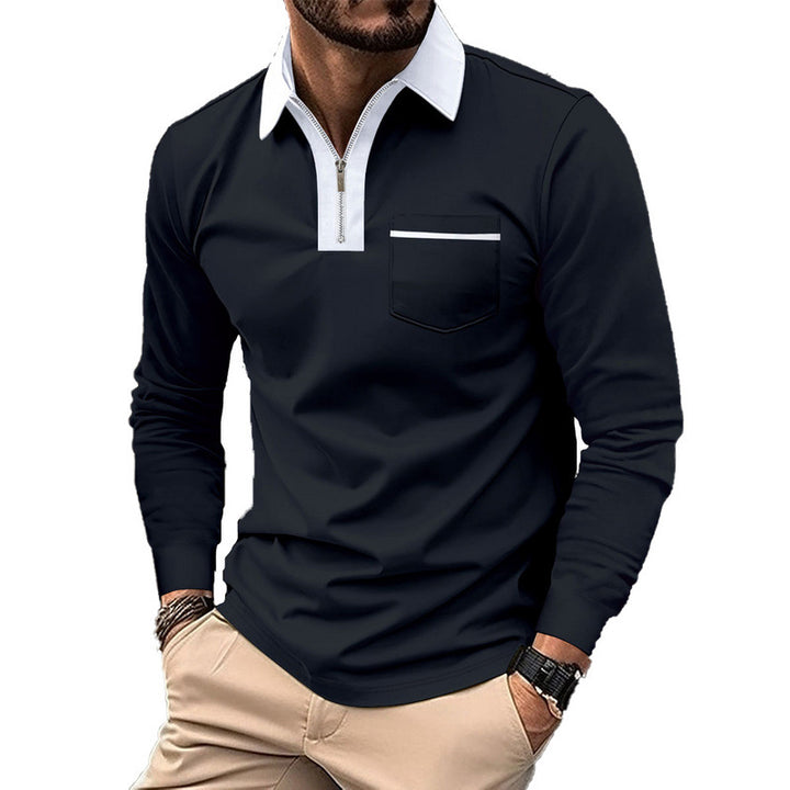 Men's elegant long-sleeve polo shirt with distinctive stand-up collar metal short zip and chest pocket StylebySassy