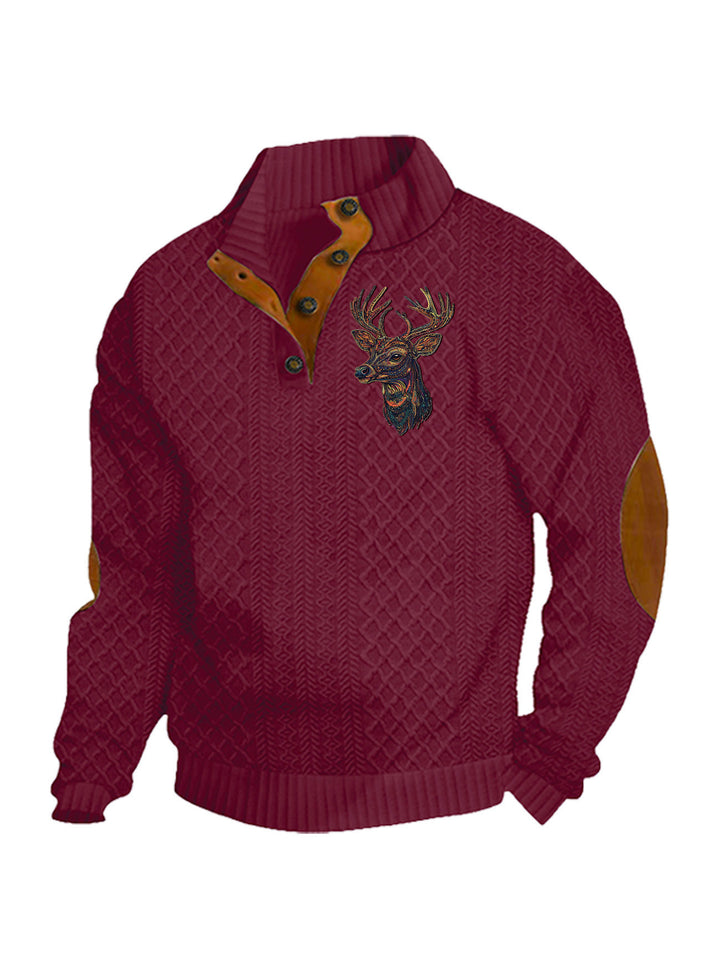 Men's nan Heritage textured pullover with stand-up collar faux leather trim elbow patches and half-button placket StylebySassy