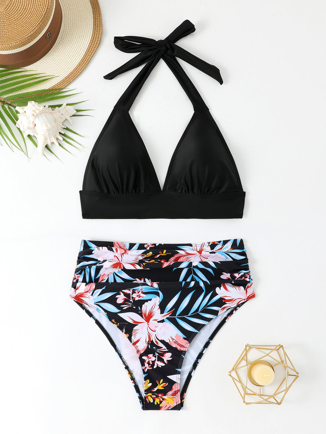 Women's High-Waisted Triangle Bikini Set with Floral Design StylebySassy