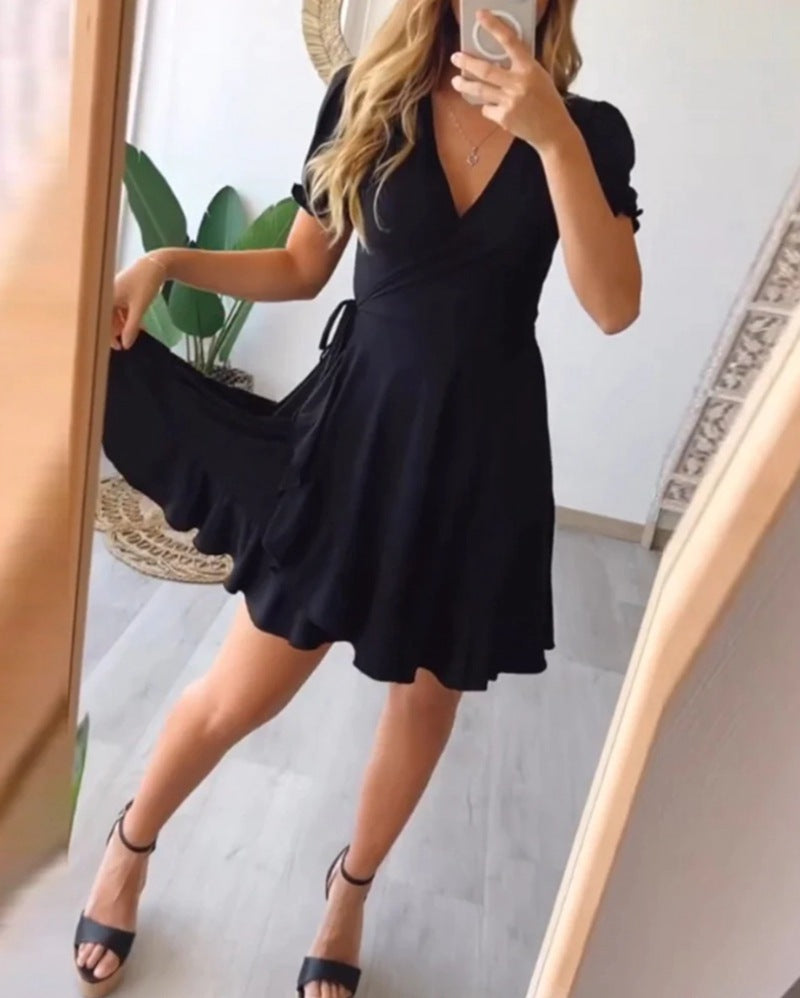 Women’s light wrap dress with V-neck, short sleeves, waist tie, and flounce skirt StylebySassy