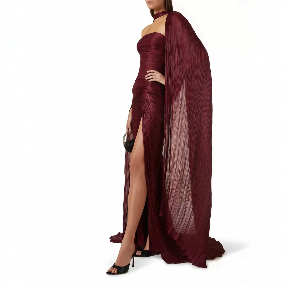 Women Elegant Maxi Dress with Asymmetrical Cut and Pleats StylebySassy