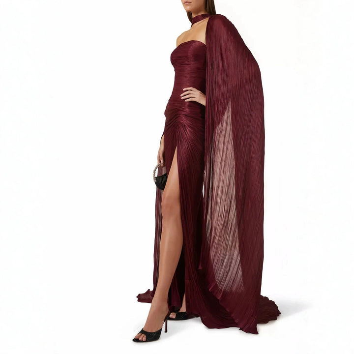 Women Elegant Maxi Dress with Asymmetrical Cut and Pleats StylebySassy