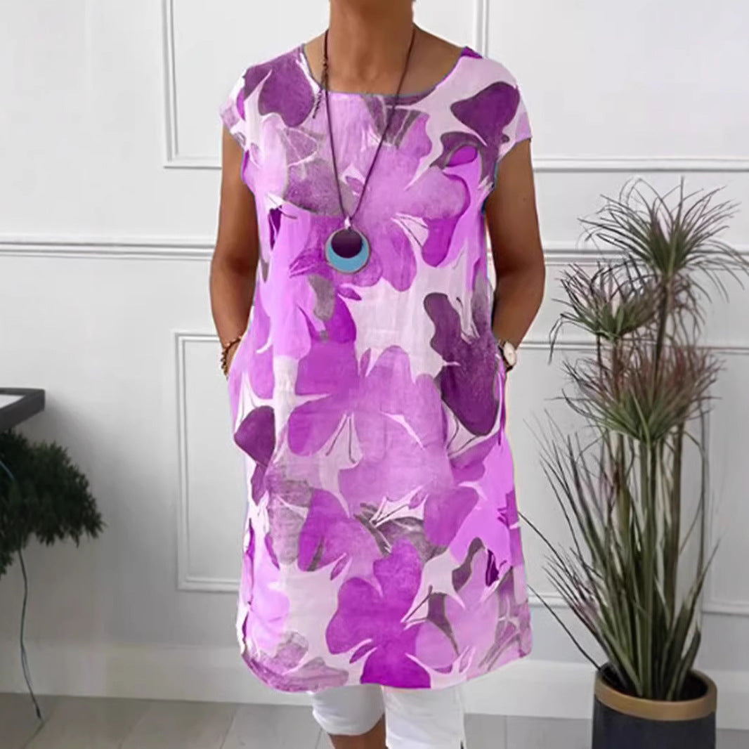 Ladies' airy tunic midi dress made of linen blend with watercolor flower print and side pockets StylebySassy