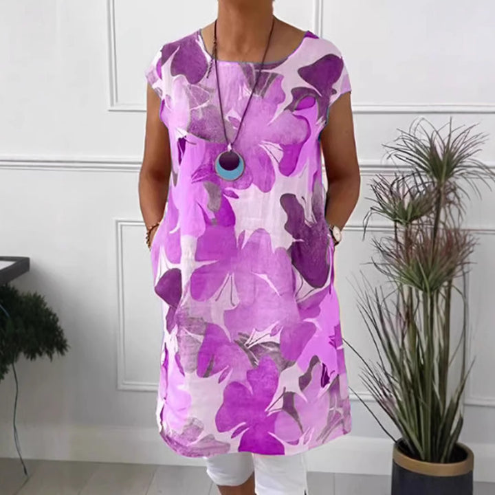 Ladies' airy tunic midi dress made of linen blend with watercolor flower print and side pockets StylebySassy