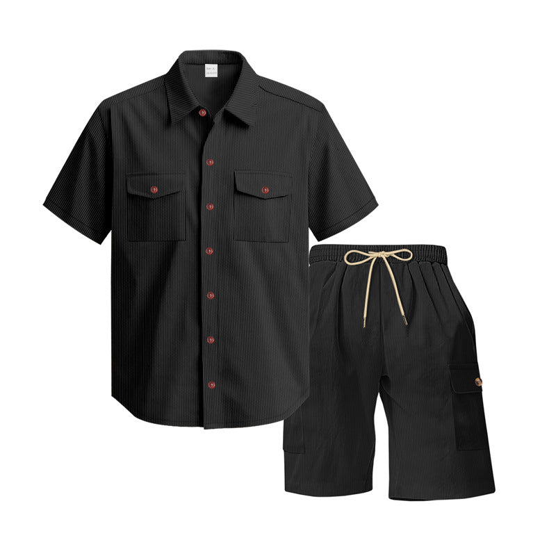 Men's structured short-sleeve shirt and bermuda set with flap pockets and elastic waistband StylebySassy