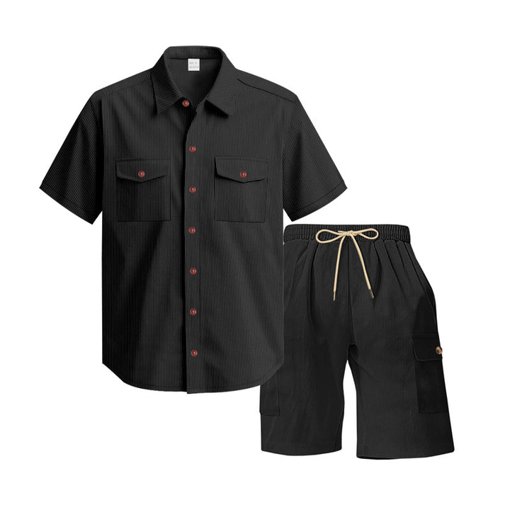 Men's structured short-sleeve shirt and bermuda set with flap pockets and elastic waistband StylebySassy