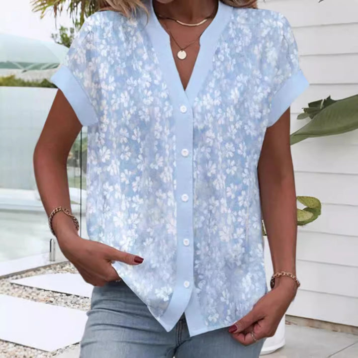 Women's airy button blouse with V-neck, rolled sleeves and floral textured print StylebySassy