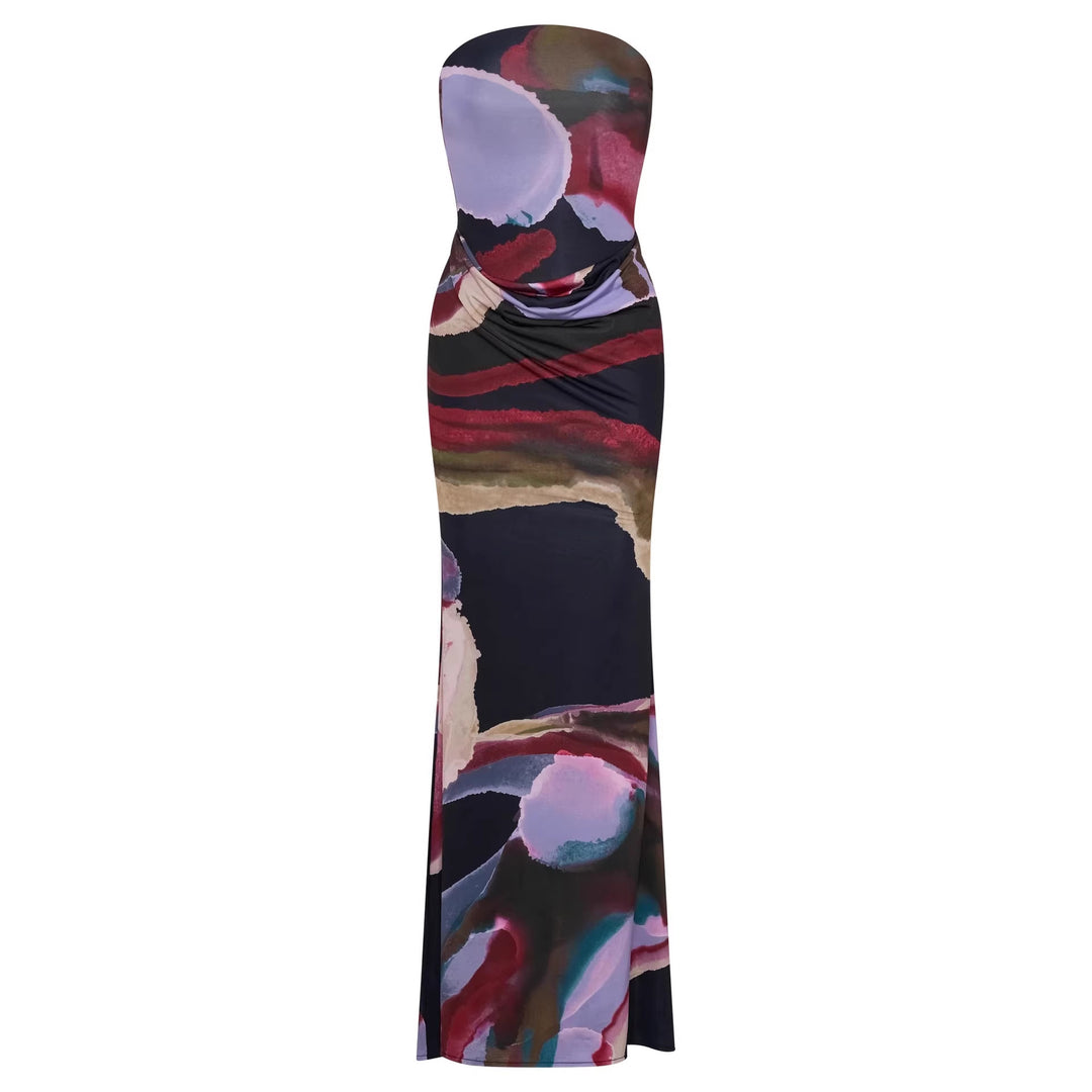 Women's Strapless Maxi Dress with Flowing Fabric and Artistic Print StylebySassy