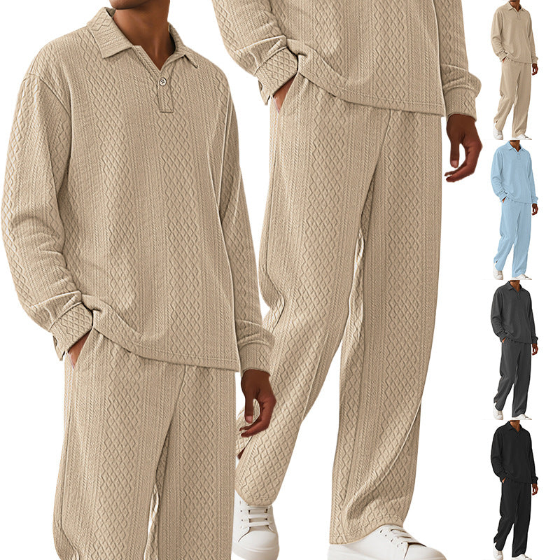 Men's jacquard knit set with polo collar, relaxed fit and straight pants StylebySassy