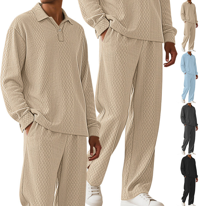 Men's jacquard knit set with polo collar, relaxed fit and straight pants StylebySassy