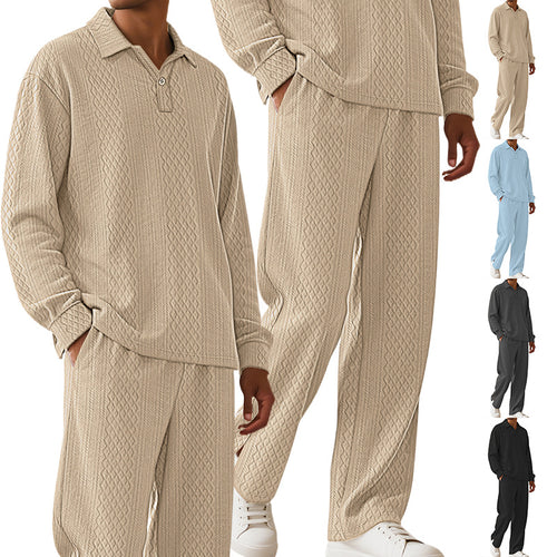 Men's jacquard knit set with polo collar, relaxed fit and straight pants StylebySassy
