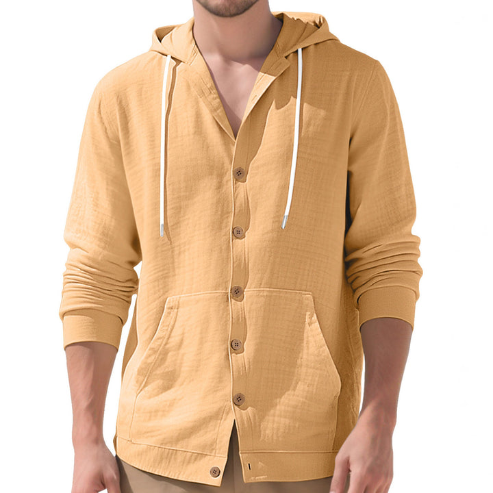 Men's lightweight hooded overshirt in crinkle look with wooden button placket and kangaroo pocket StylebySassy