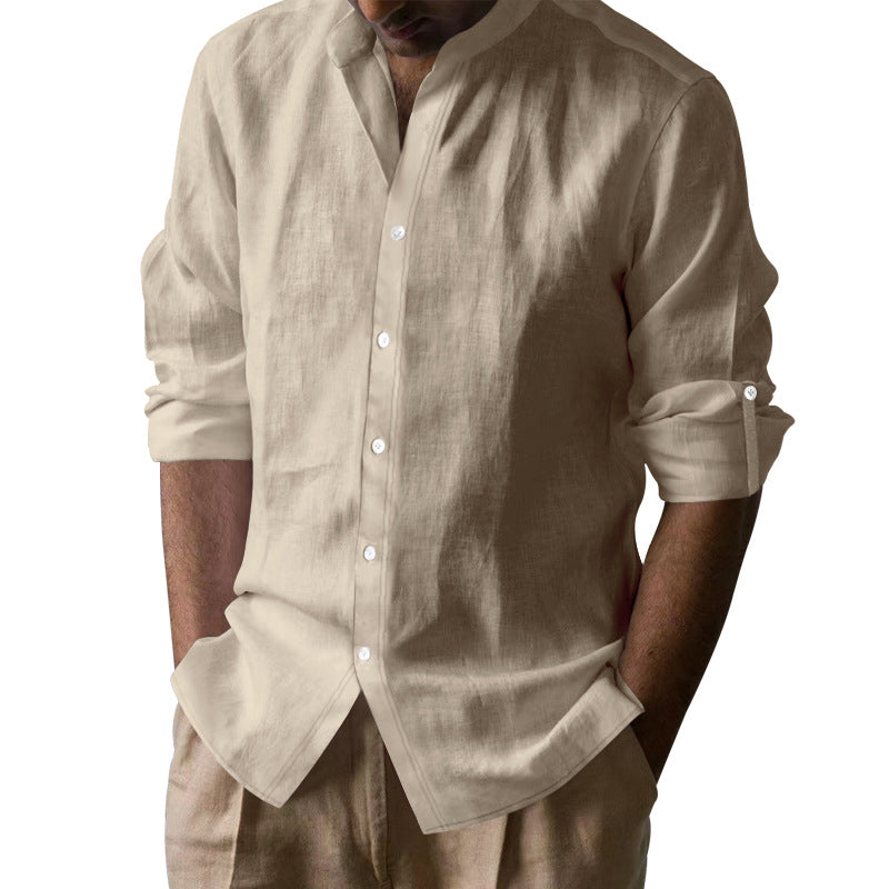 Men's casual linen shirt with Kent collar, continuous button placket, and roll-up sleeves StylebySassy