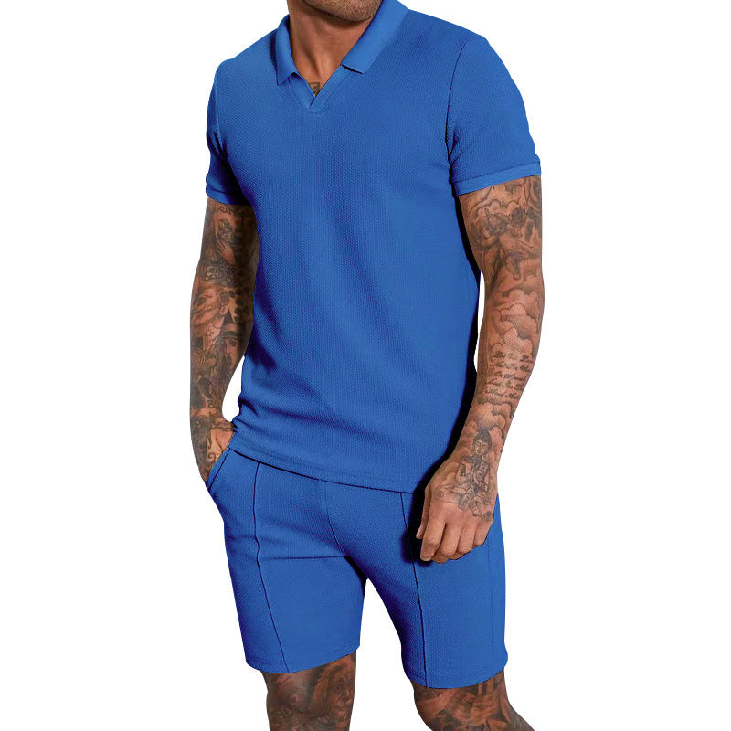 Men's short-sleeved half-collar knit set with fine waffle structure and straight-cut shorts StylebySassy