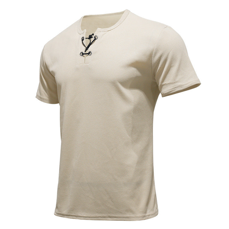 Men's short-sleeve shirt with lace collar, metal eyelets, and fine structured jersey StylebySassy