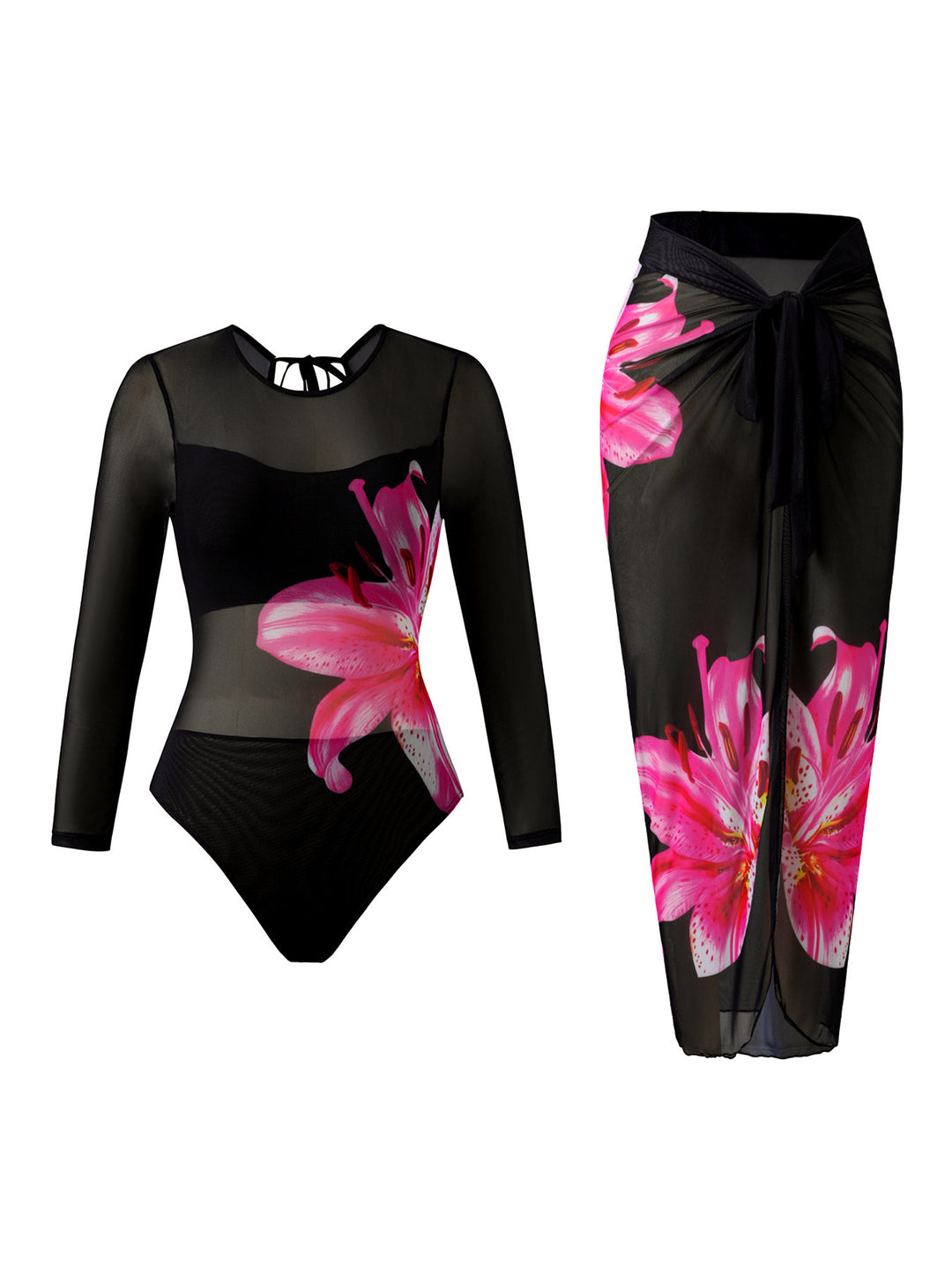 Women Elegant Swimsuit with Long Sleeve and Transparent Wrap Skirt StylebySassy