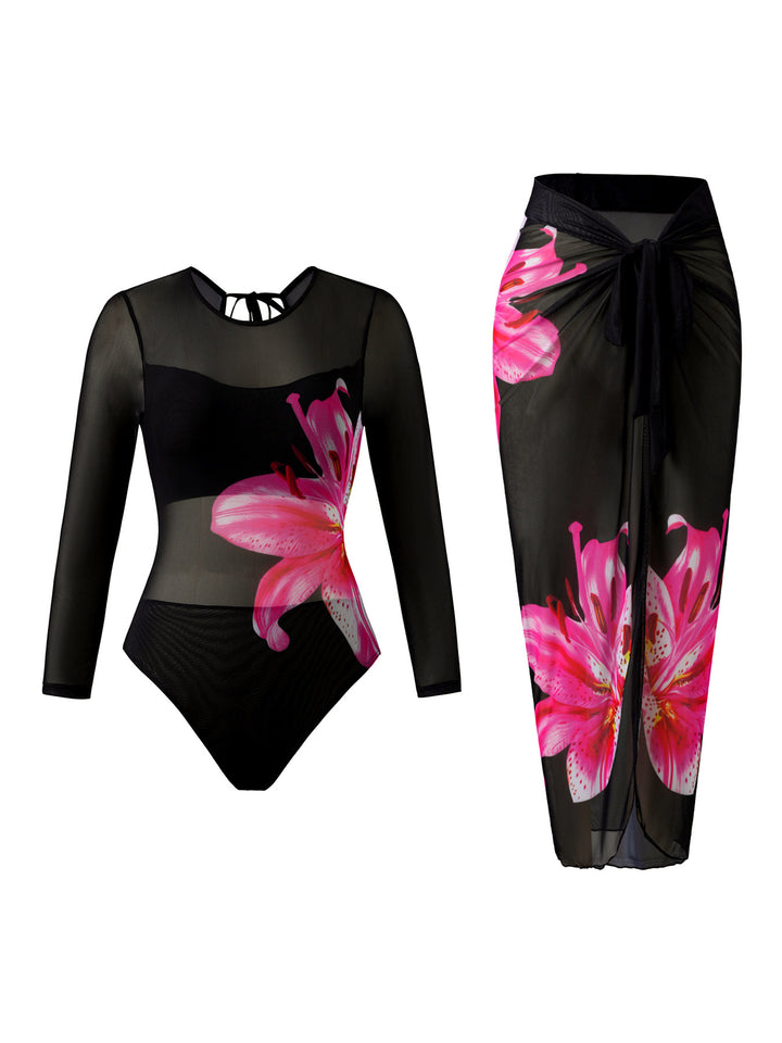 Women Elegant Swimsuit with Long Sleeve and Transparent Wrap Skirt StylebySassy