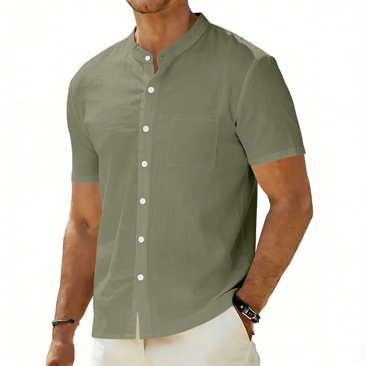 Men's short-sleeved linen shirt with stand-up collar and chest pocket StylebySassy