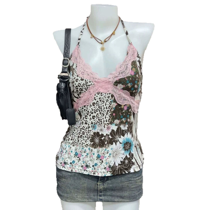 Women Playful Halter Top with Floral and Leopard Pattern StylebySassy