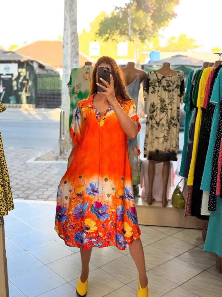 Women's lightweight shirt dress with floral border print, open V-neck and side pockets StylebySassy