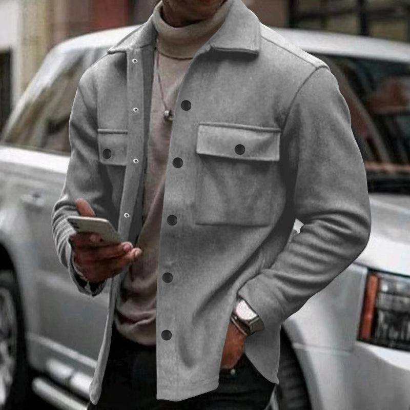 Men's fashionable overshirt jacket in felt look with patch breast pockets and visible snap button placket StylebySassy