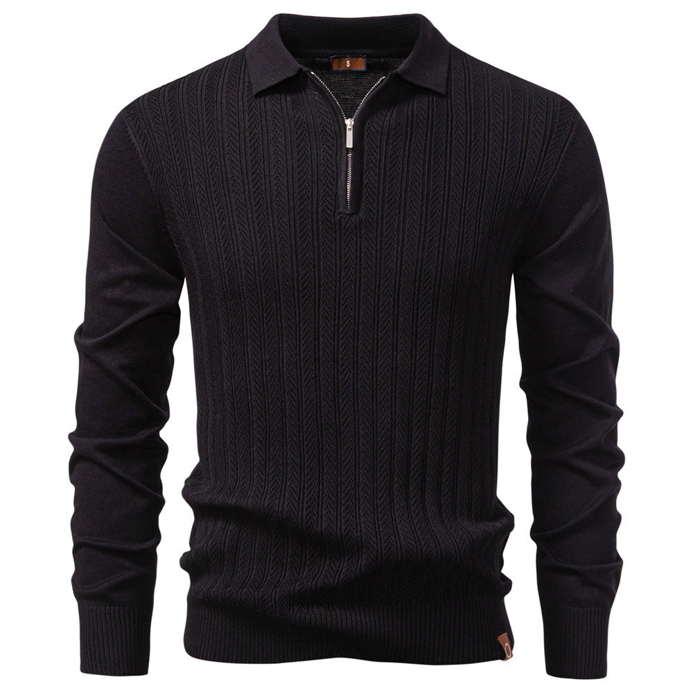 Men's knitted ajour sweater with short zipper and polo collar StylebySassy