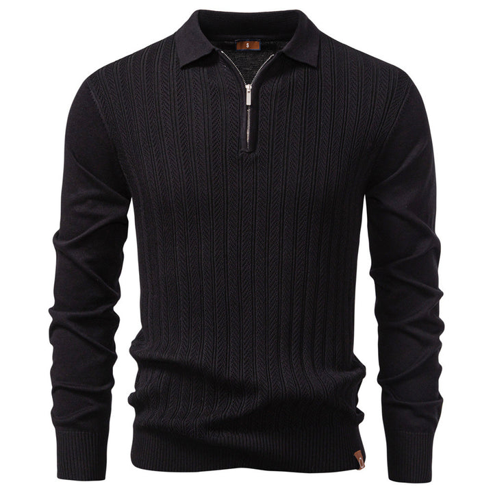 Men's knitted ajour sweater with short zipper and polo collar StylebySassy