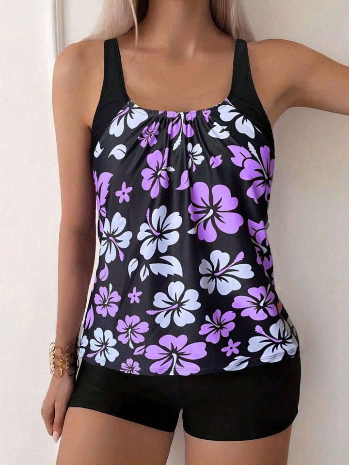Women's Sporty Tankini Set with Floral Accents StylebySassy