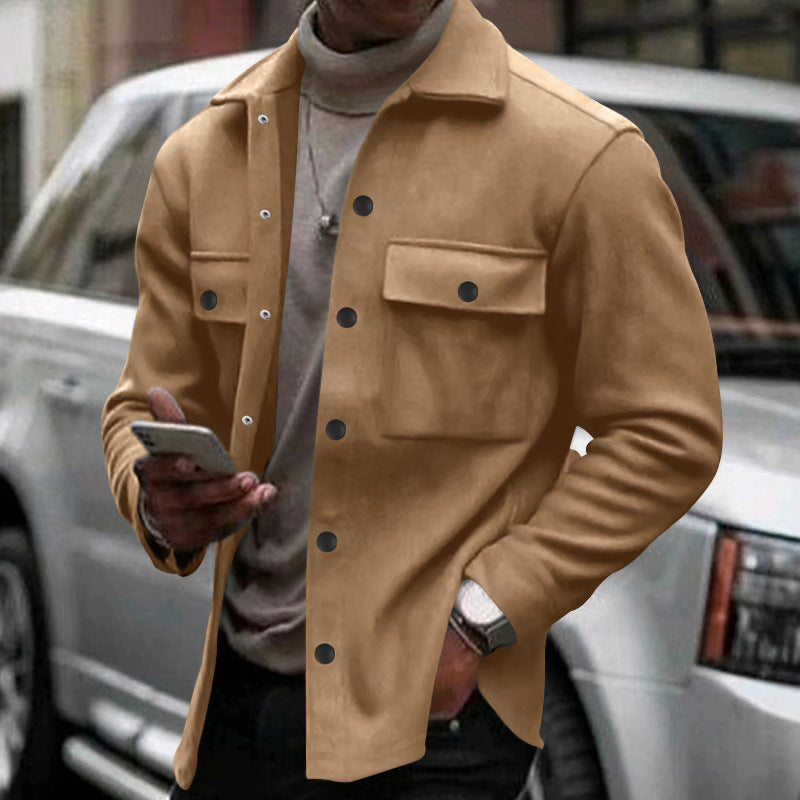 Men's fashionable overshirt jacket in felt look with patch breast pockets and visible snap button placket StylebySassy