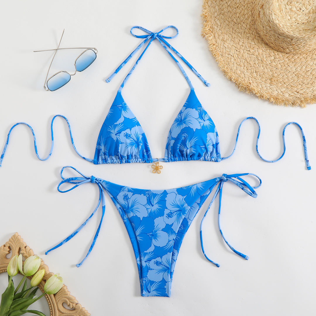Women's Triangle Bikini Set with Floral Design and Playful Ties StylebySassy