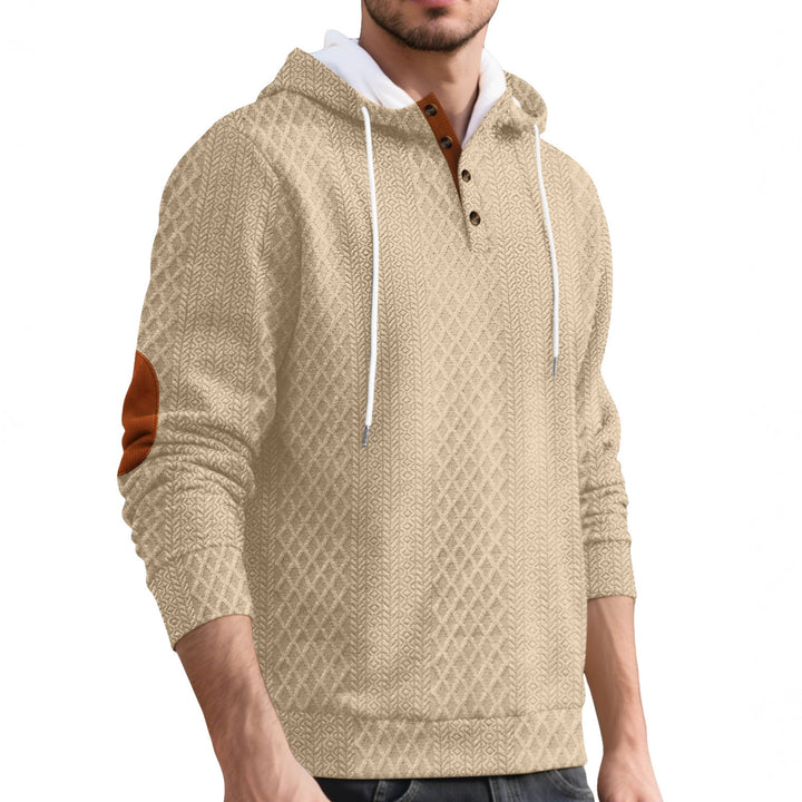 Men's nan diamond structure hoodie with short button placket, quilted hood inner edge, and suede elbow patch StylebySassy