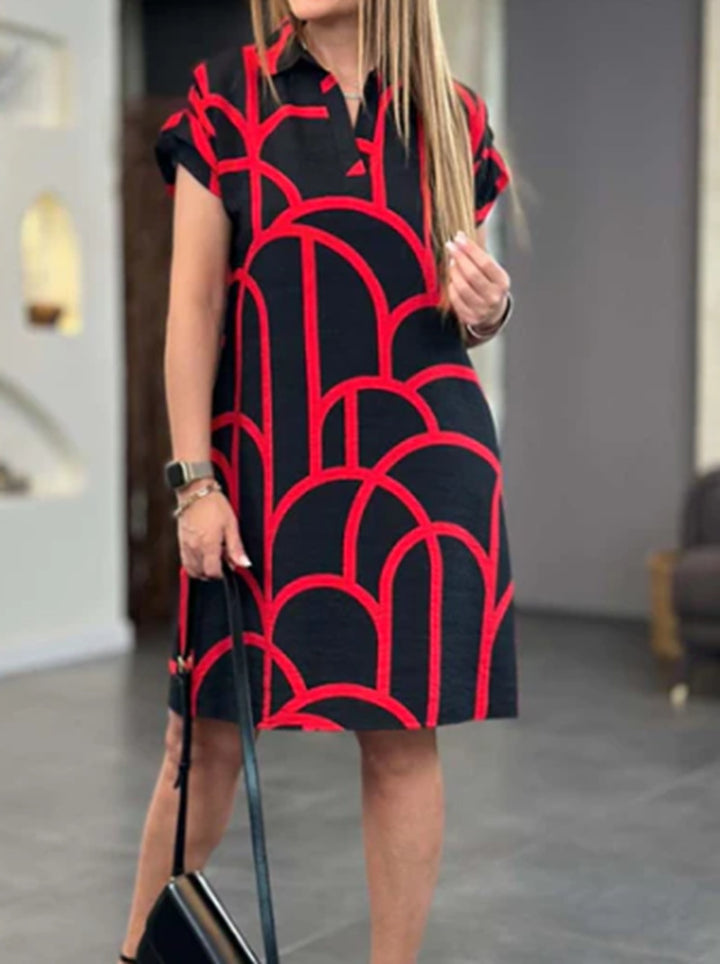 Ladies' geometric shift dress with polo collar and rolled-up short sleeves StylebySassy
