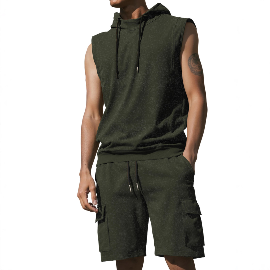 Men's Hooded Muscle Shirt Set with Functional Cargo Bermuda StylebySassy