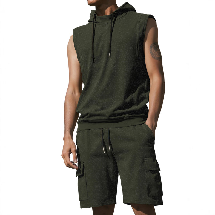 Men's Hooded Muscle Shirt Set with Functional Cargo Bermuda StylebySassy