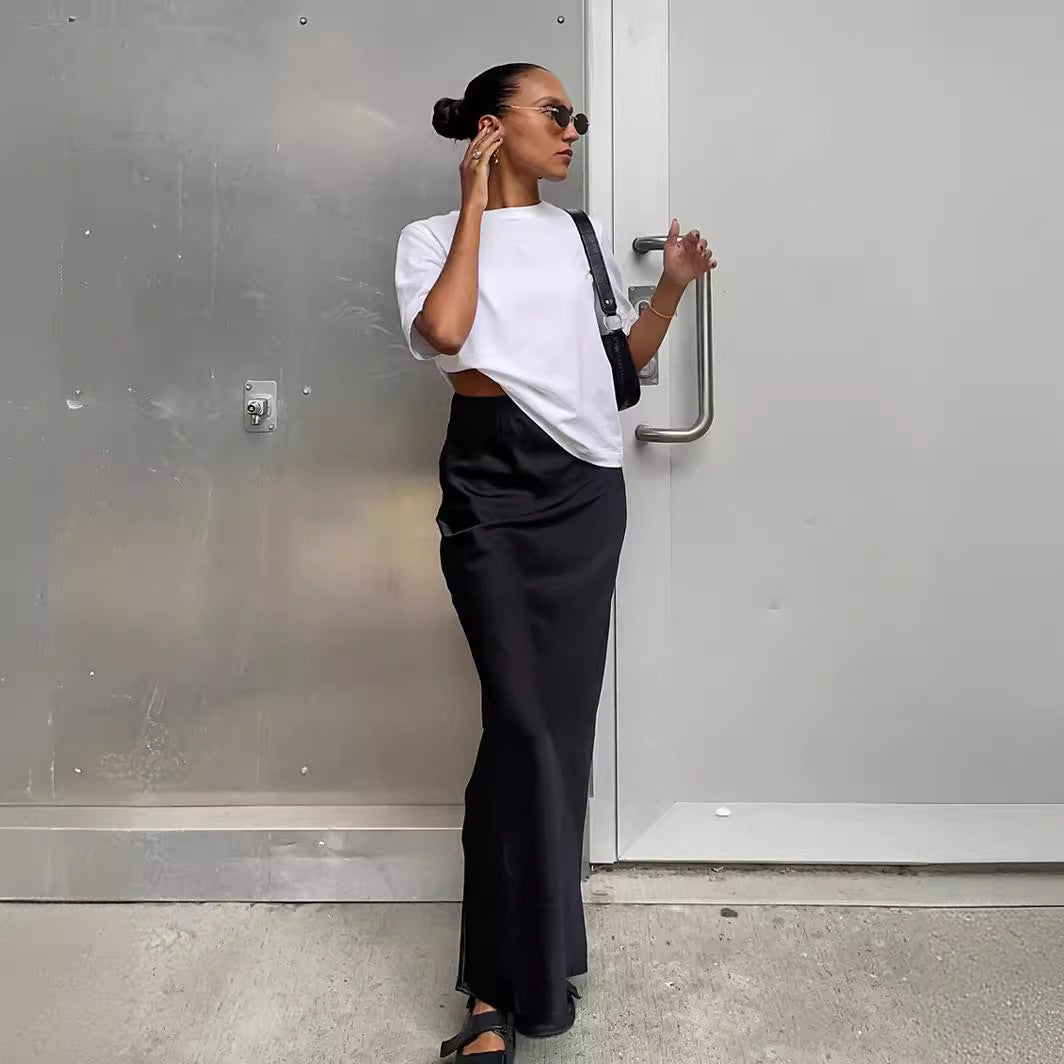 Ladies Long Satin Skirt with High Slit StylebySassy