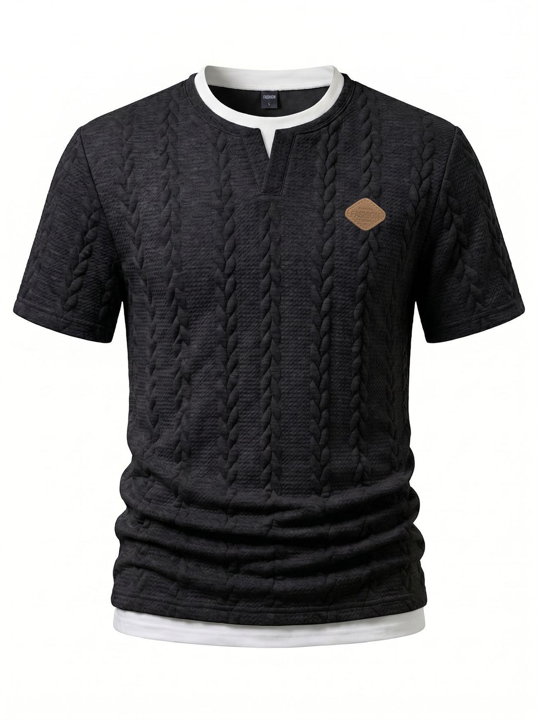 Men's textured short-sleeve shirt with embossed braid structure, V-insert at the round neck and layered look StylebySassy