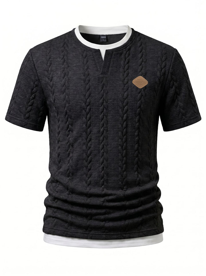 Men's textured short-sleeve shirt with embossed braid structure, V-insert at the round neck and layered look StylebySassy