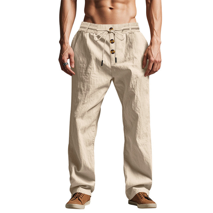 Men's relaxed pants in linen look with decorative button placket and drawstring waistband StylebySassy