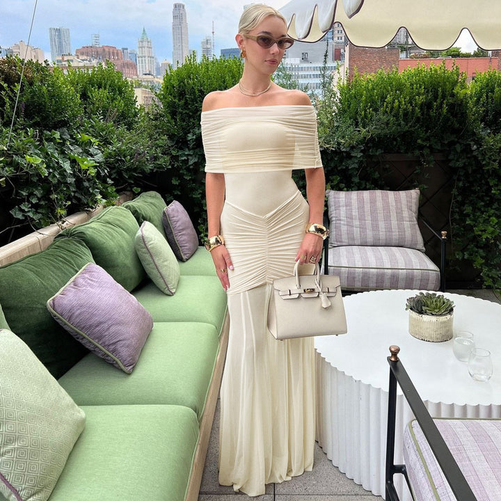 Women's off-the-shoulder two-piece evening dress with ruched mini dress and transparent floor-length skirt StylebySassy