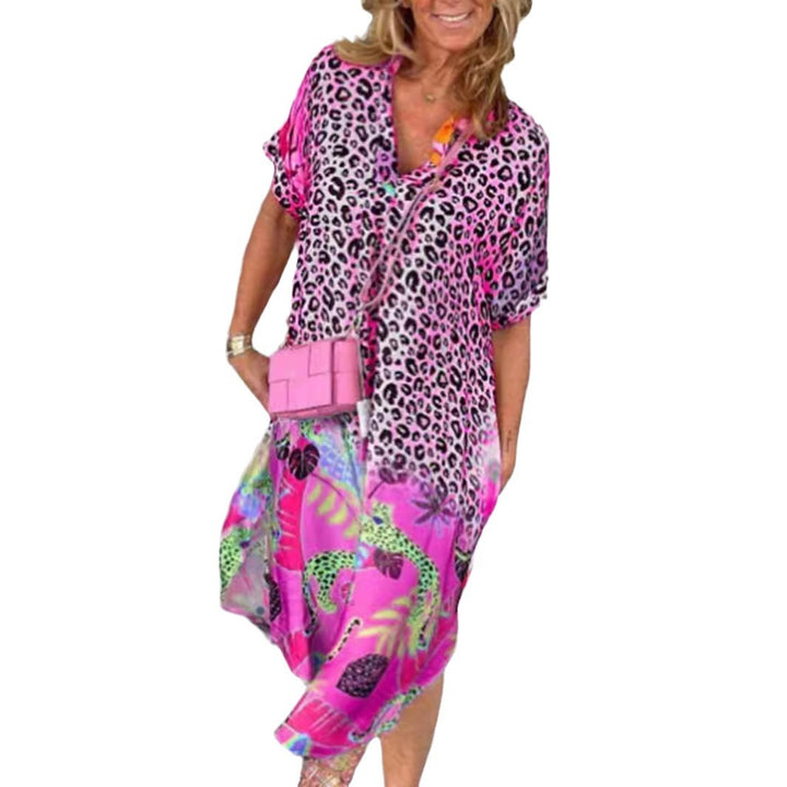 Women's loosely fitted V-neck midi dress with leopard and tropical print StylebySassy