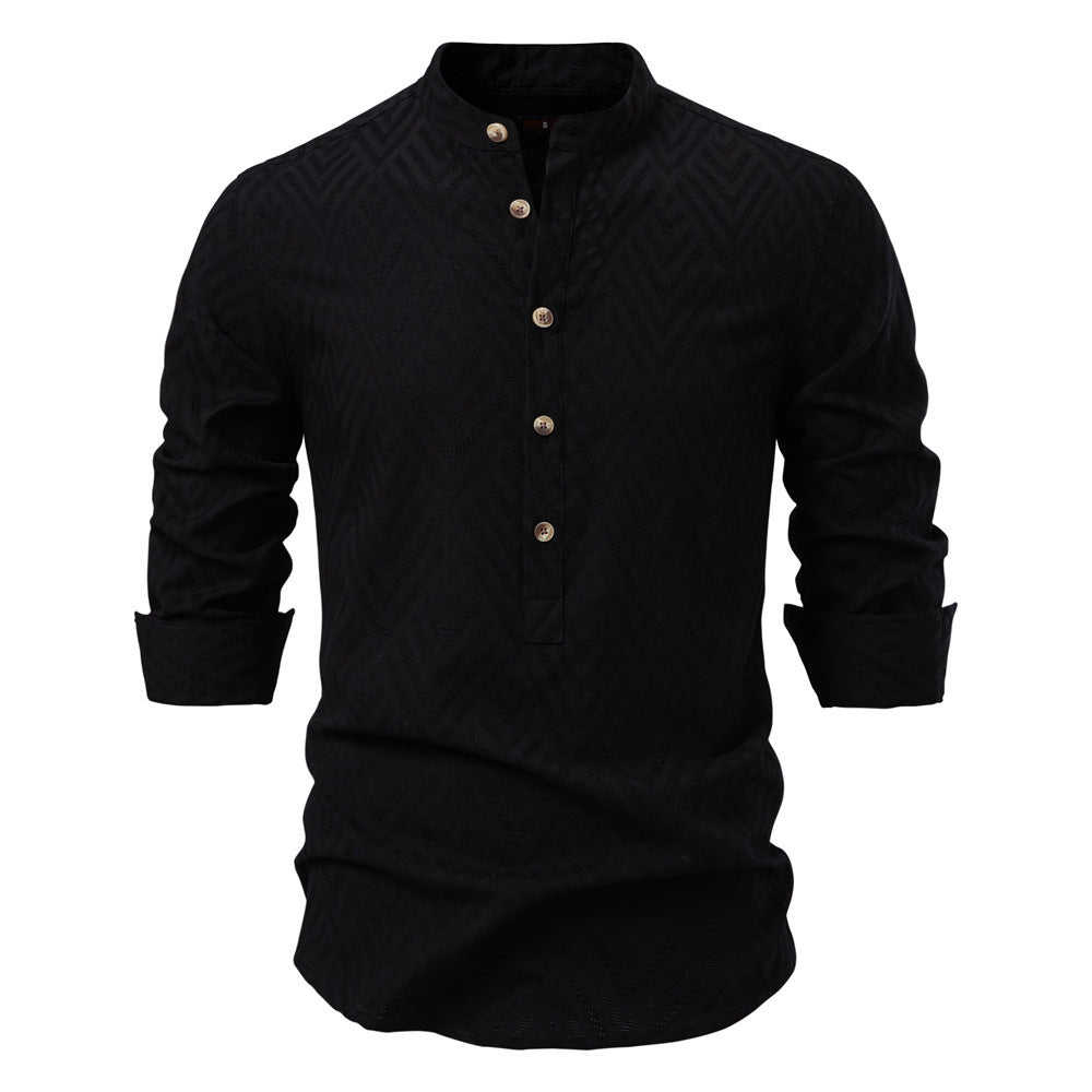 Men's jacquard shirt with stand-up collar, half button placket, and wood-look buttons StylebySassy